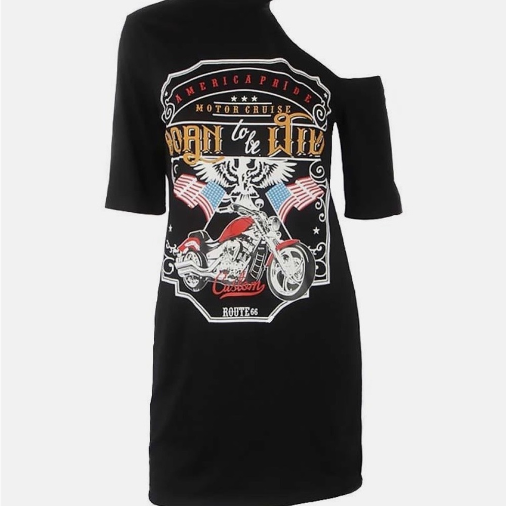 Born to be Wild Black Graphic Off-Shoulder T-Shirt Dress - Picture 4 of 5